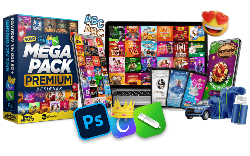 Pack de Artes Editáveis no Photoshop, Canvas e CorelDraw. Tenha acesso a MILHARES de ARTES EDITÁVEIS, imagens, materiais e plugins Incríveis para criar artes lindas e profissionais em minutos, mesmo sendo Iniciante.